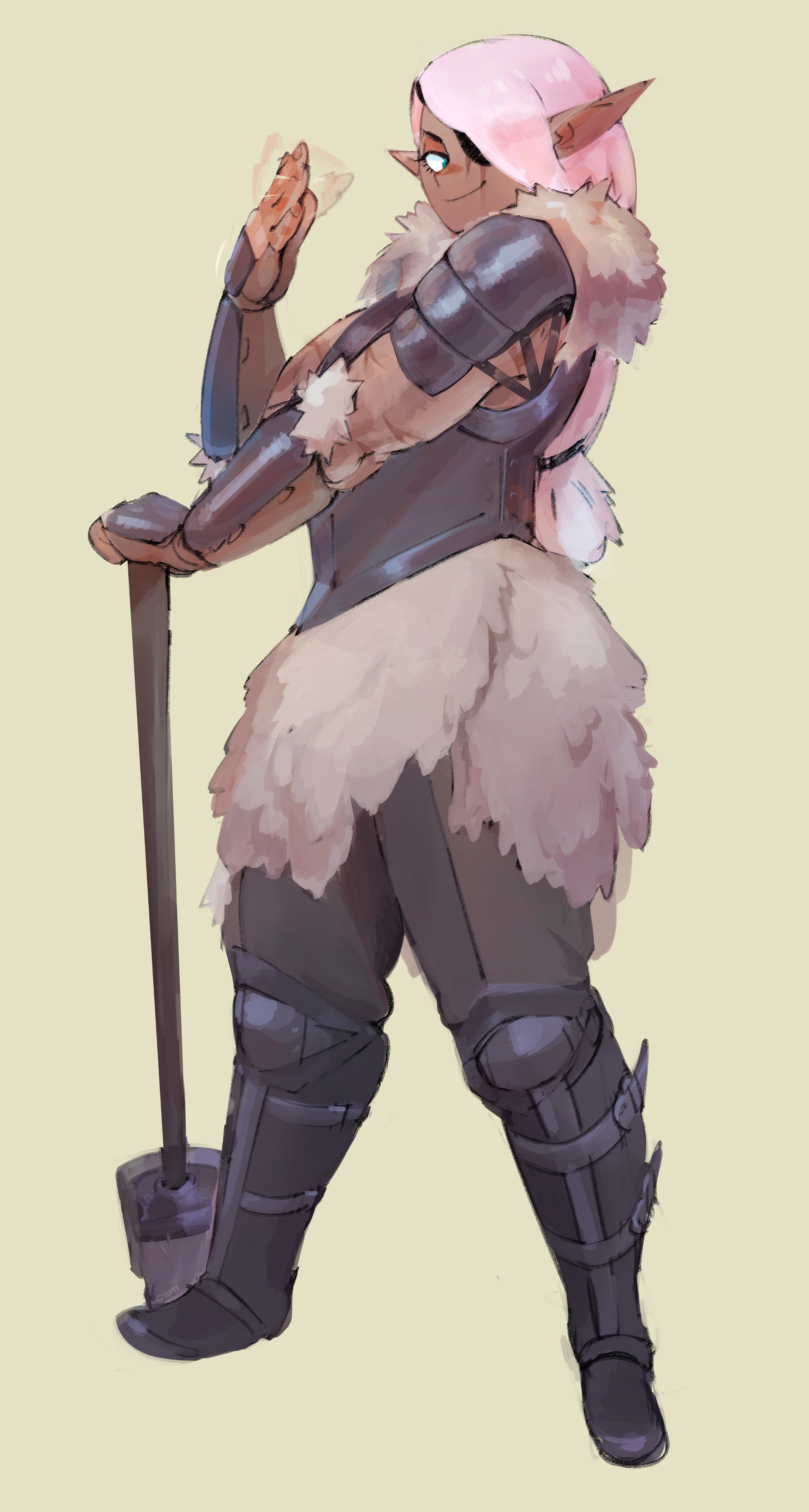 this is a digital art piece featuring a female elf warrior with pink hair in fantasy setting. she's holding a large axe with a shield on her back. she wears armor with fur over it. she smiles and looks to the left of the image.