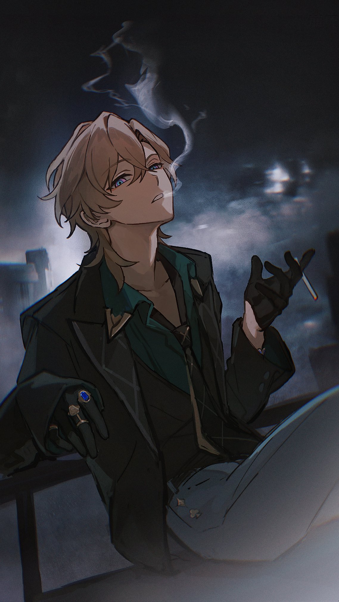an animestyle man with blonde hair and blue eyes is smoking a cigarette. he's wearing gloves, a coat, and a ring. the background is a cityscape.