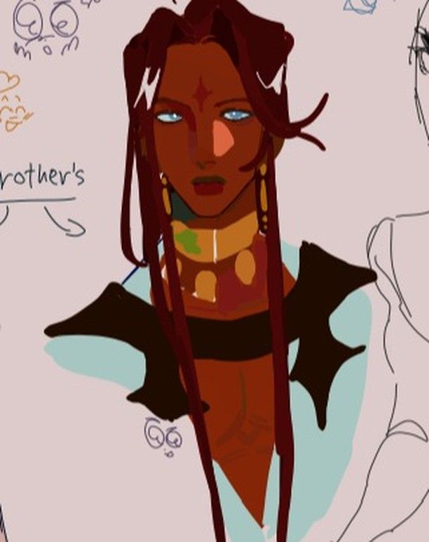 the image is a digital painting or illustration of a stylized fantasy character.  the character is depicted from the chest up, with long, dark reddishbrown hair framing a face with dark brown skin. they have striking eyes and are adorned with elaborate tribalinspired markings and jewelry, including a large necklace and long earrings. the character wears a dark capelike garment over a lightercolored shirt, creating a visually interesting contrast. the background is a light beige with some loose, scribbled lines and markings that seem like notes or sketches. the overall style is dark fantasy with a bold color palette. the character's expression is serious and intense.