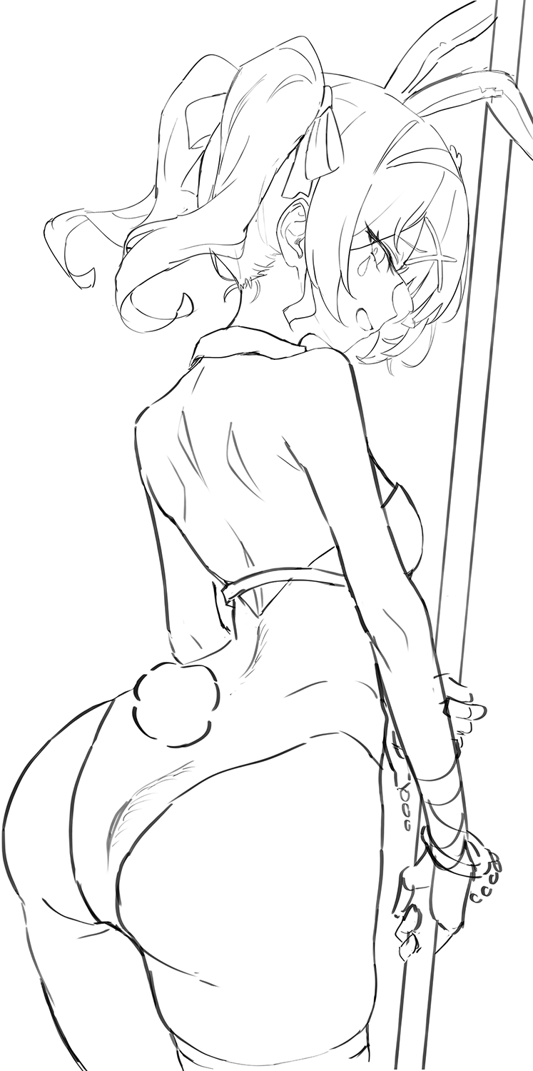 a line art sketch of an anime girl in a bunny girl costume. she is positioned with her back to the viewer, leaning against a pole. her hands appear to be bound with cuffs. the style is suggestive. the drawing is in black and white, with shading and details suggested through the lines.