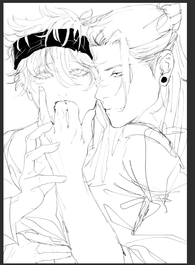 a closeup black and white line art drawing of two anime/manga characters, a young man with a headband and another with long hair, standing close to each other with their faces near each other.  the man with the headband appears to be whispering something to the other man who has his eyes closed. the other man's hand is covering the man's mouth. the man with the headband is looking at the other man, and the background has some faint sketched lines.