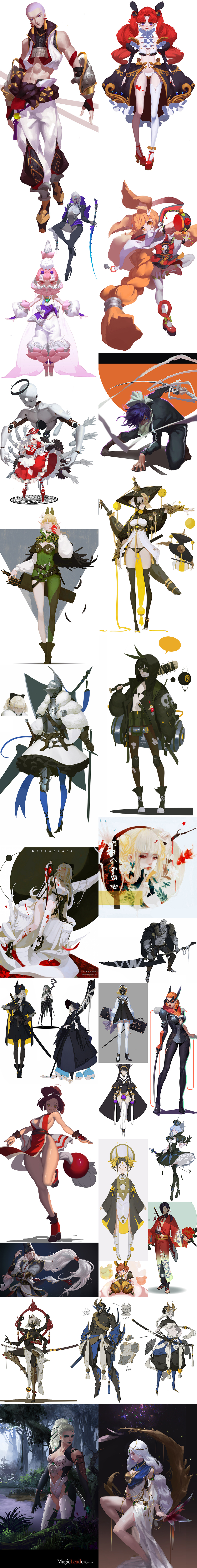 the image presents a collection of character design concepts, likely for a fantasythemed video game or similar media. each design showcases a female character in dynamic poses, often wielding weapons or displaying magical abilities. the art style is digital and emphasizes detailed armor, flowing clothing, and vibrant colors. the characters represent a diverse range of classes or archetypes commonly found in fantasy settings, such as knights, mages, and rogues.