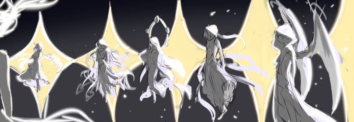 this digital artwork portrays a group of ethereal figures, seemingly angelic in nature. they are outlined in luminous white, set against a backdrop of glowing, yellow stars, creating a sense of celestial wonder.  the sketchlike style adds to the abstract quality of the piece, leaving room for interpretation about the figures' identities and emotions.  the overall feel is otherworldly, suggesting a spiritual or supernatural realm.