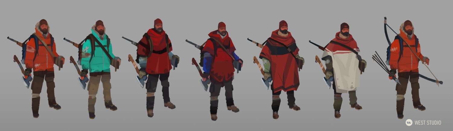 the image showcases several variations of a male character design, potentially for a video game. he is dressed for a cold and rugged environment, possibly a postapocalyptic setting. each variation features different clothing options, including various jackets, ponchos, and pants, all with a focus on practicality and layering. he carries weapons and tools for survival, such as axes, knives, and a bow and arrow. the style is somewhat stylized, emphasizing shape and silhouette over minute detail.