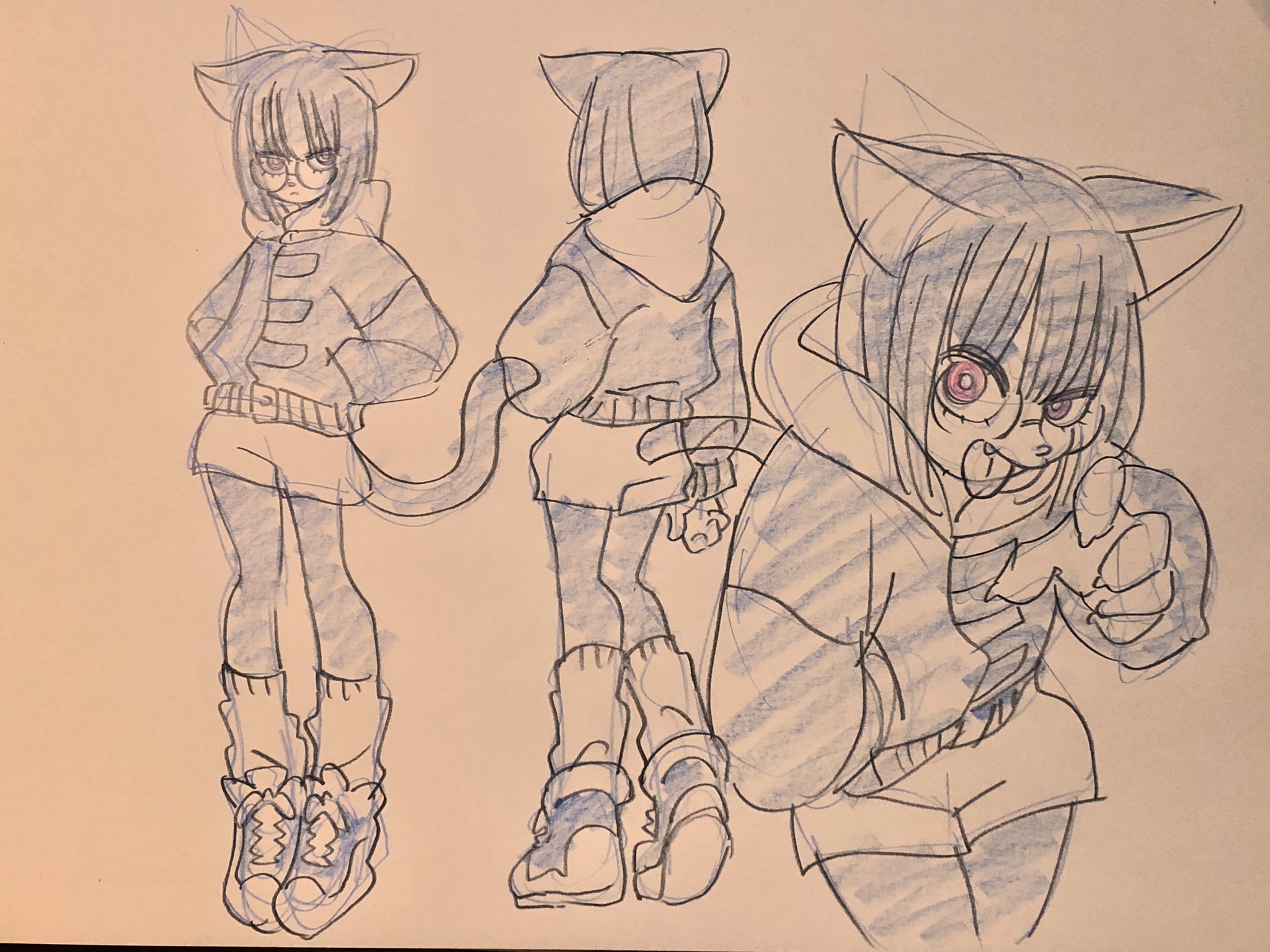 the image presents three sketches of a female character design, seemingly inspired by the "cat girl" or "neko" archetype commonly found in anime and manga. the drawings show the character in different poses and angles, allowing a full view of her attire and features. the character is stylized with large, expressive eyes and cat ears atop her head. she's dressed in a casual, contemporary outfit consisting of a hoodie, shorts, and hightop sneakers. the artist utilizes a blue pencil on lightly toned paper, giving the sketches a soft and appealing aesthetic.