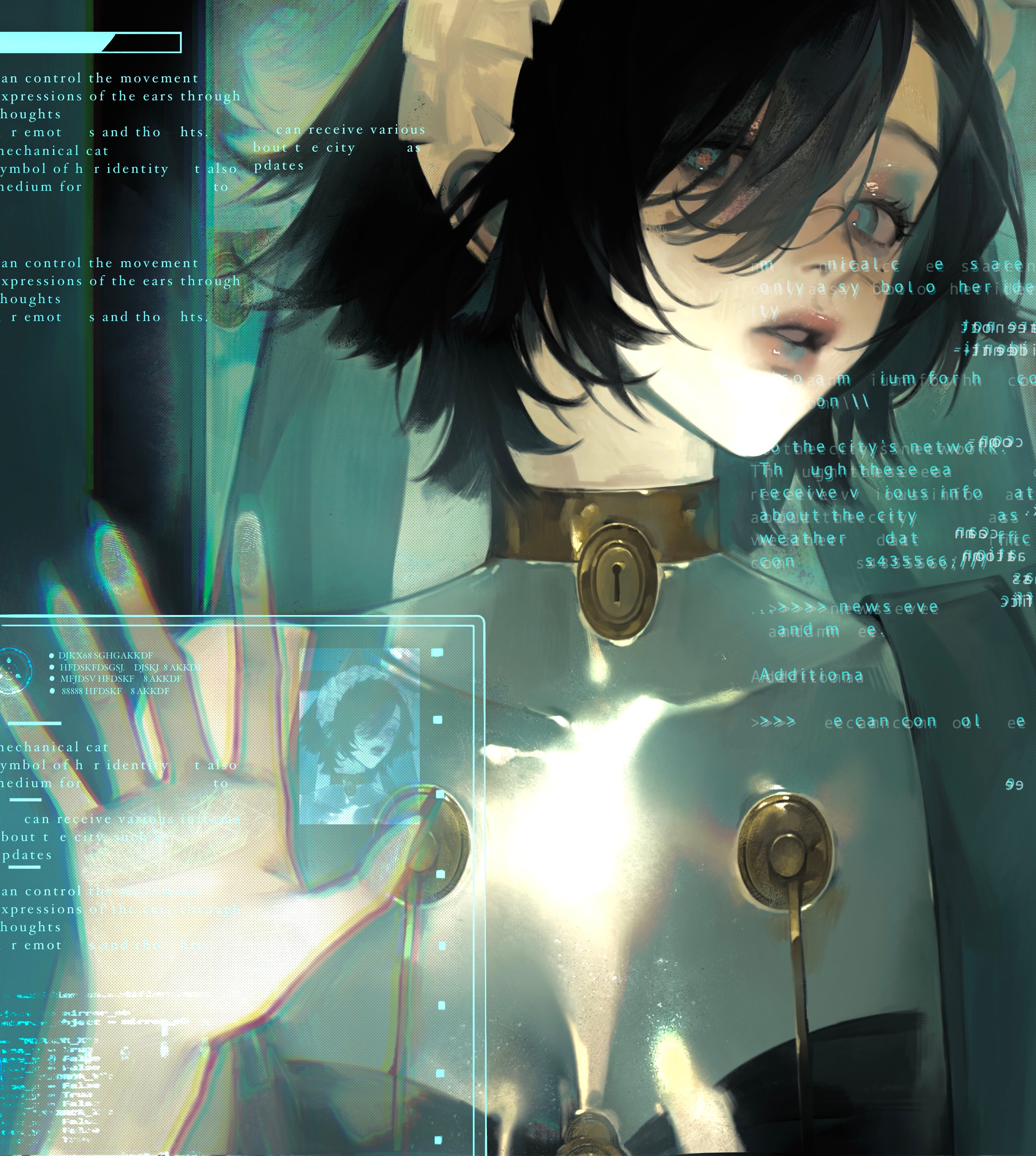 a cyberpunk anime female robot is shown standing in a futuristic setting. she is wearing a silver and gold suit with her hand reaching towards a digital interface, showcasing the data and information she has access to. the image is full of vibrant color and intricate details, giving it a cool and futuristic aesthetic.