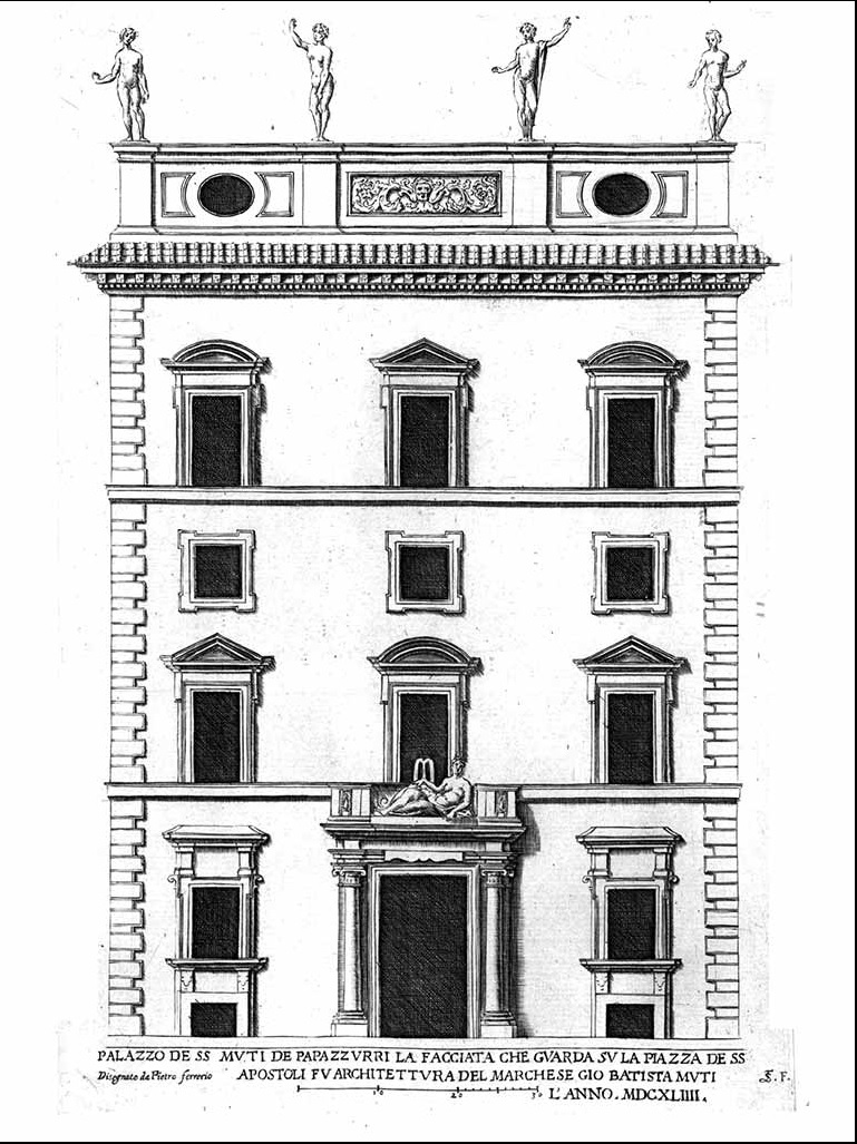 an architectural drawing of the facade of the palazzo mutti papazzurri, designed by apostoli for giovanni battista mutti, created in the year mdclxiii (1663). the facade features a rusticated ground floor, a central doorway with a balcony and reclining figure, multiple floors of windows with pediments, a heavy cornice, and a rooftop adorned with statues. the drawing includes an inscription at the bottom identifying the building and its architect.