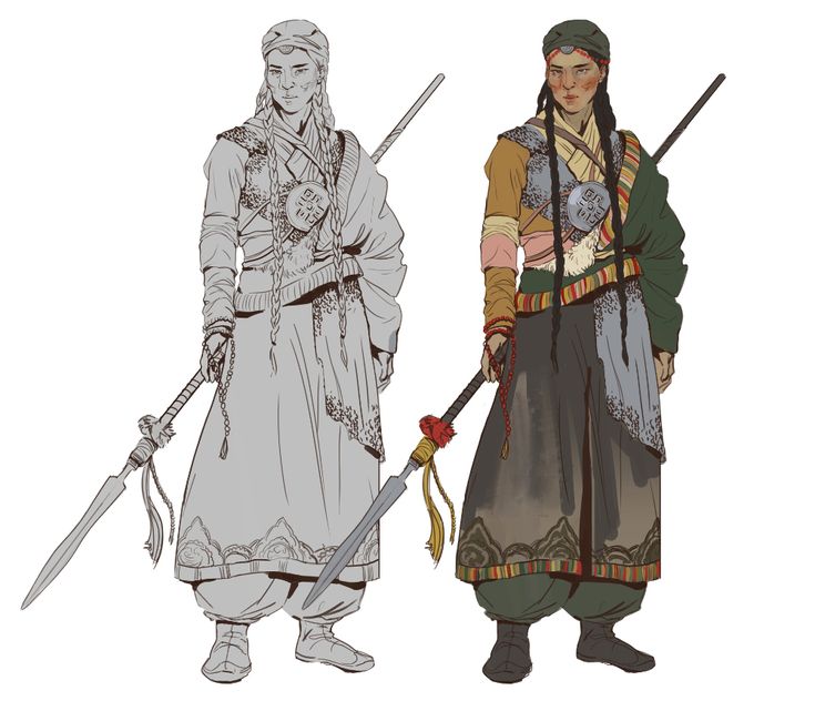 this illustration showcases two variations of a female warrior, possibly from a fantasy setting. the left side presents a black and white line art version, highlighting the intricate details of her attire and weapon. the right side is a colorful rendition, showcasing vibrant hues and textures in her clothing and armor. she wields a spear, adorned with intricate details and symbolic elements. the overall style suggests a blend of fantasy and traditional chinese or asian influences.