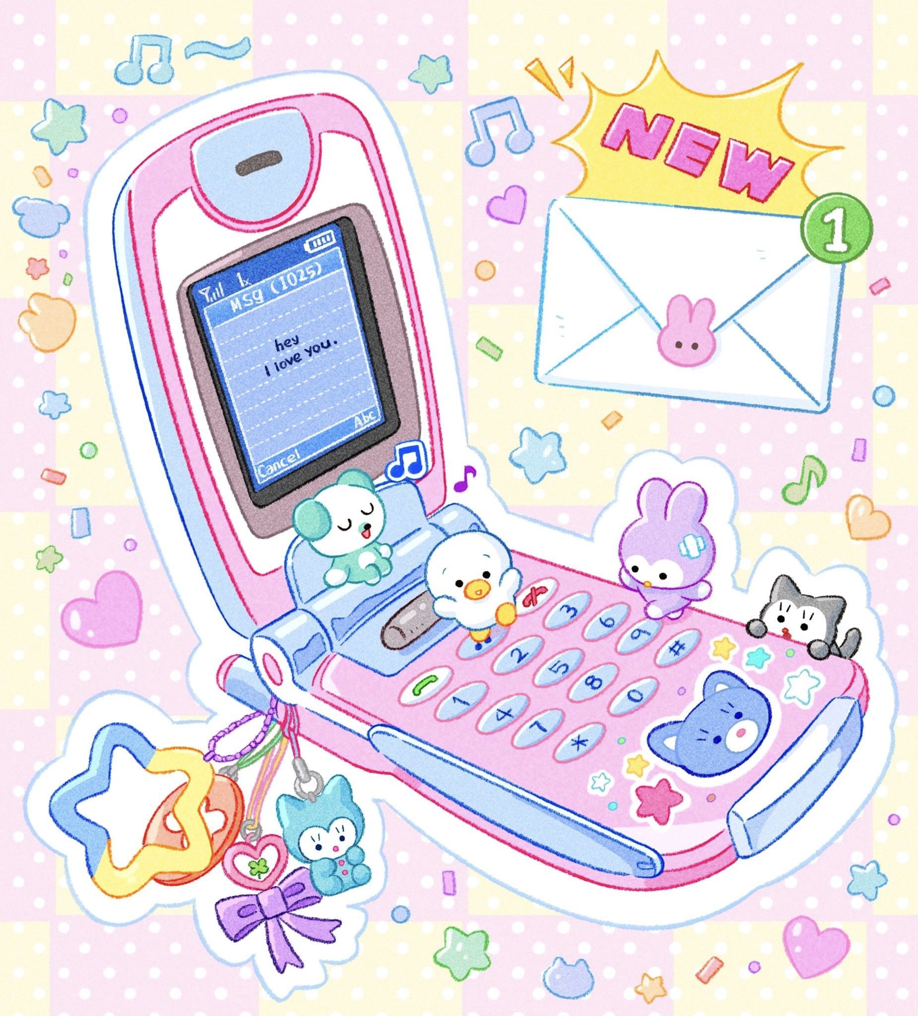 the image is a vibrant, kawaiistyle illustration featuring a pink flip phone as the central element. the phone displays a text message saying "hey i love you."  adorably drawn chibistyle animal characters (a bunny, bird, cat, and bear) are situated on and around the phone.  a new message notification envelope is visible, adding to the cute and playful atmosphere. the overall style is heavily influenced by pastel colors, y2k aesthetics, and japaneseinspired cute (kawaii) character design.  small decorative elements like stars, hearts, and music notes complete the scene. the image has a stickerlike quality and likely originates from digital art or graphic design.