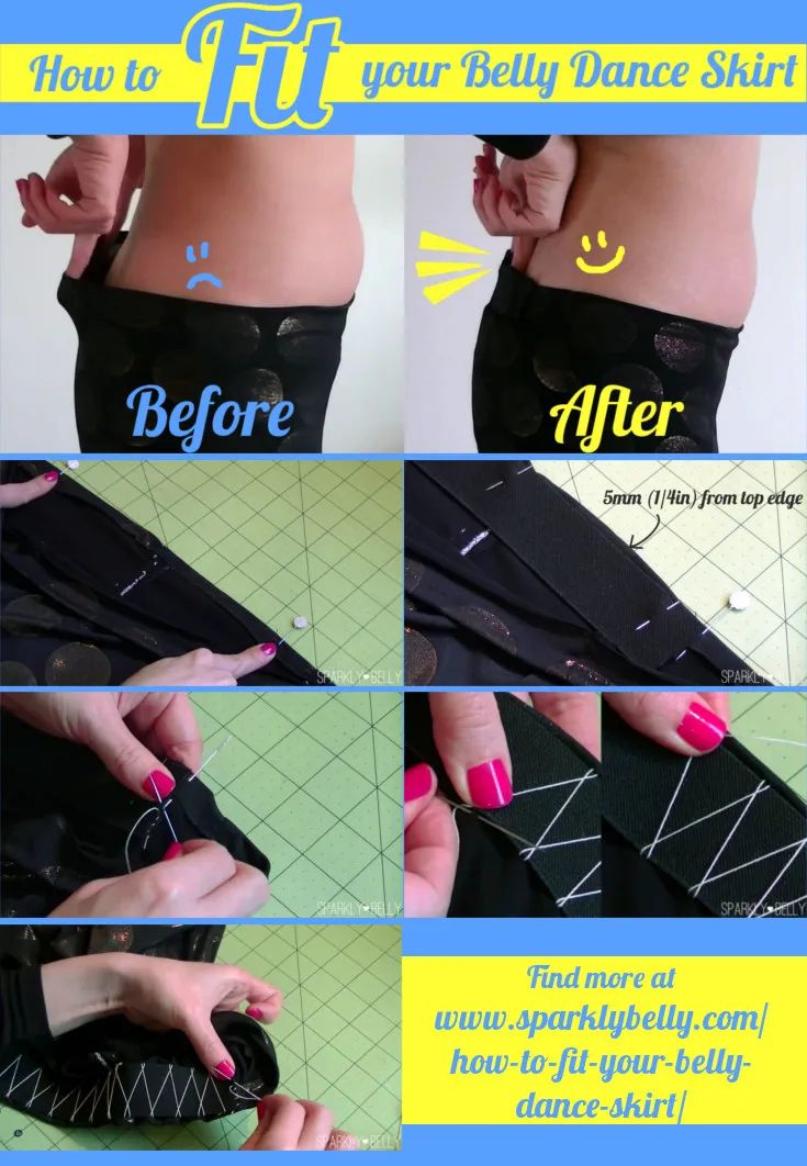 the image is a tutorial on how to fit a belly dance skirt. the first two images show the before and after of the skirt. the before image shows the skirt being too loose, and the after image shows the skirt fitting properly. the following images show how to sew elastic into the waistband of the skirt to make it fit better. the tutorial is from www.sparklybelly.com.