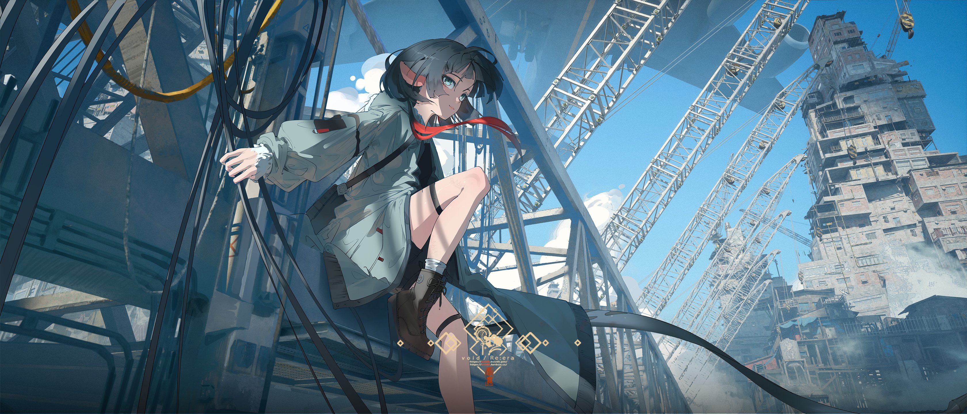 the artwork depicts an animestyle female character with elflike ears, wearing a grey outfit and red scarf. she is perched on a metal structure, possibly a bridge or walkway, amidst a largescale construction or demolition site. the background features a futuristic, dystopian cityscape with numerous tall, dilapidated buildings and numerous cranes against a mostly clear, blue sky. the overall aesthetic combines elements of scifi, fantasy, and steampunk, with a focus on industrial and urban decay. the style is reminiscent of digital painting and manga. the artist's signature or watermark is visible at the bottom.