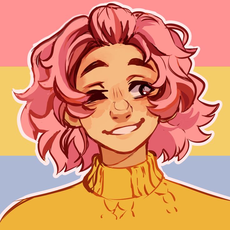 a digital illustration of a cartoonlike person with pink hair and a yellow sweater. they are winking and smiling, their head turned slightly to the left. the background is the pansexual pride flag.