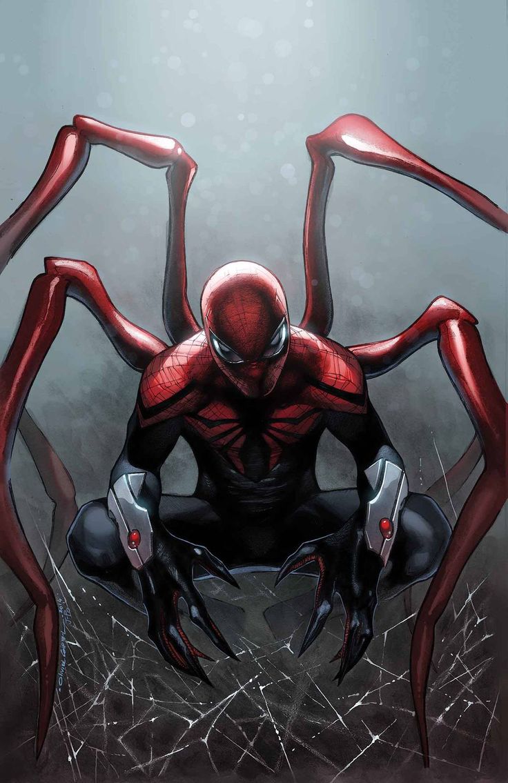a digital illustration of a dark and menacing spiderman figure. spiderman is wearing a predominantly red suit with black accents. the spiderman character is sitting on a webbed surface, with his back legs outstretched in a creepy spiderlike pose. the character looks like a villain or a corrupted hero. the background is a plain grey color.