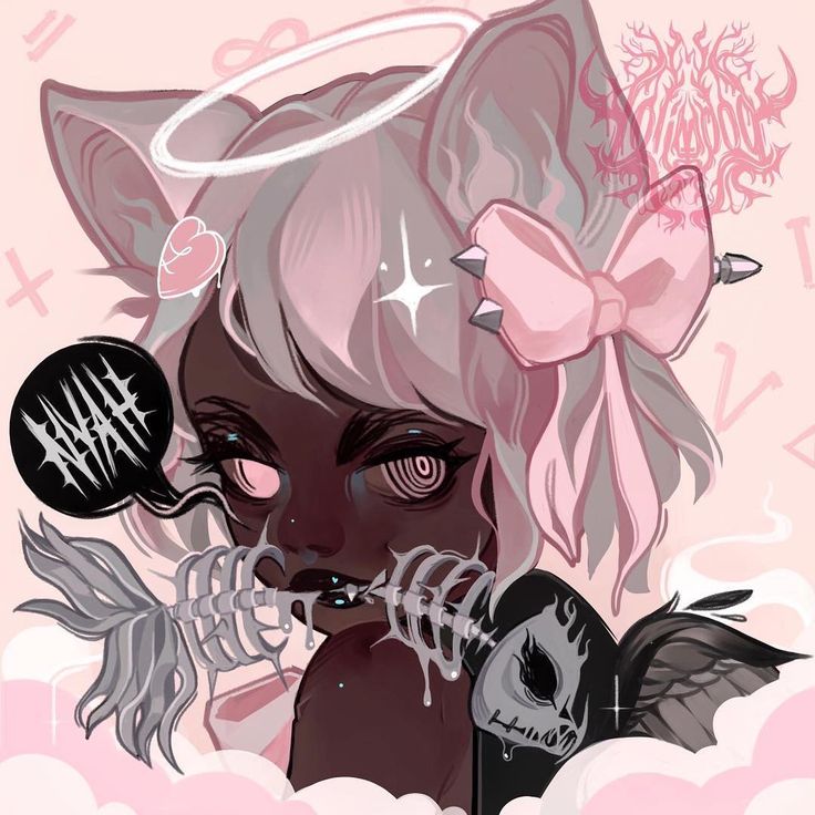 this is a digital artwork of an anime girl with pink and white hair. she has cat ears and angel wings and wears a pink bow. she has a dark look and holds a fish bone in her mouth. the background is a soft pink.