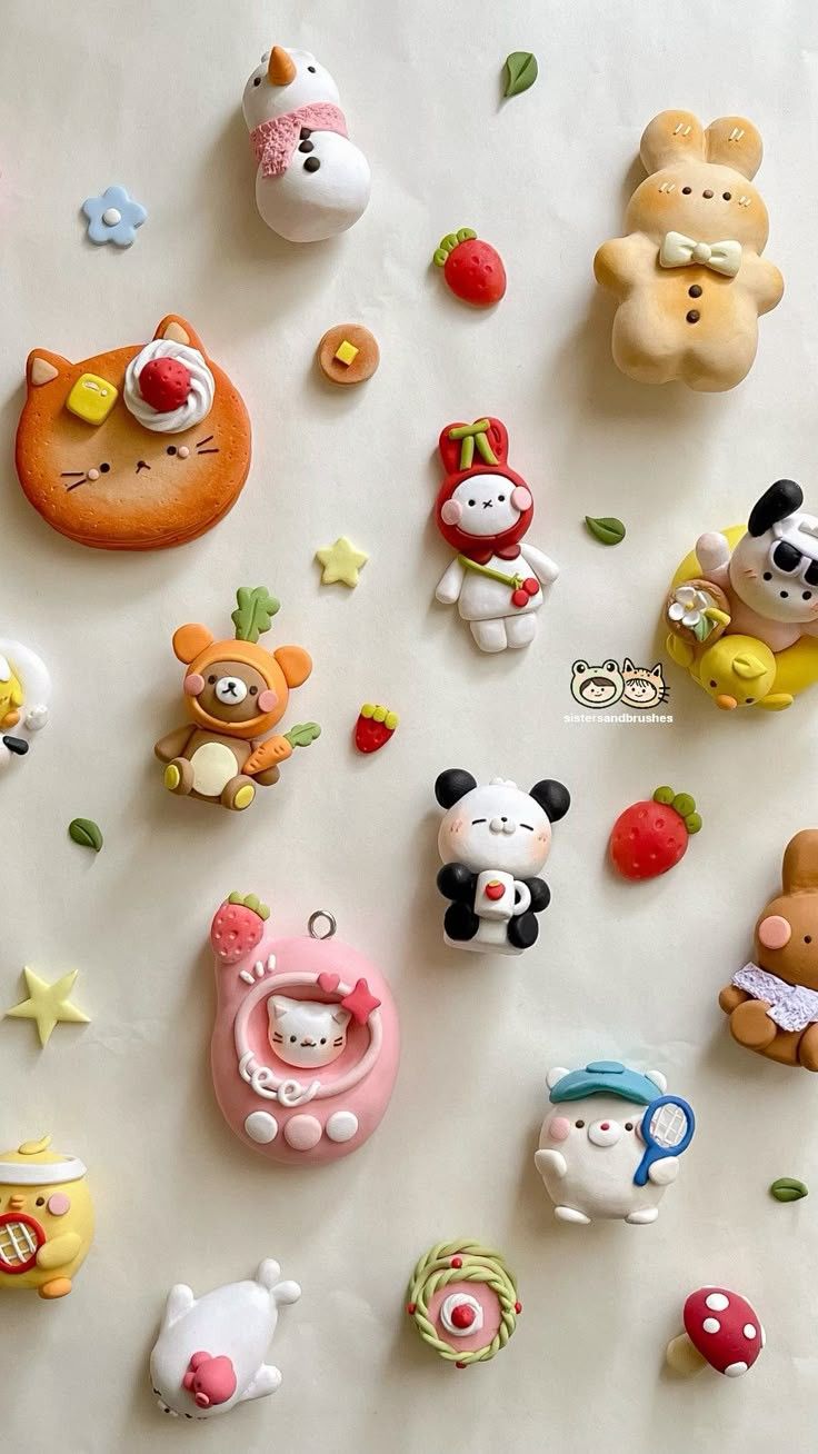 the image features a collection of small, cute, and cartoonlike clay figures displayed on a white background. the figures include various animals such as a snowman, a cat with a strawberry on its head, a bunny, a bear, and a panda holding a coffee cup. the figures are interspersed with small, handmade accessories like strawberries, flowers, and stars. the overall aesthetic is kawaii, suggesting they are handmade with attention to detail.