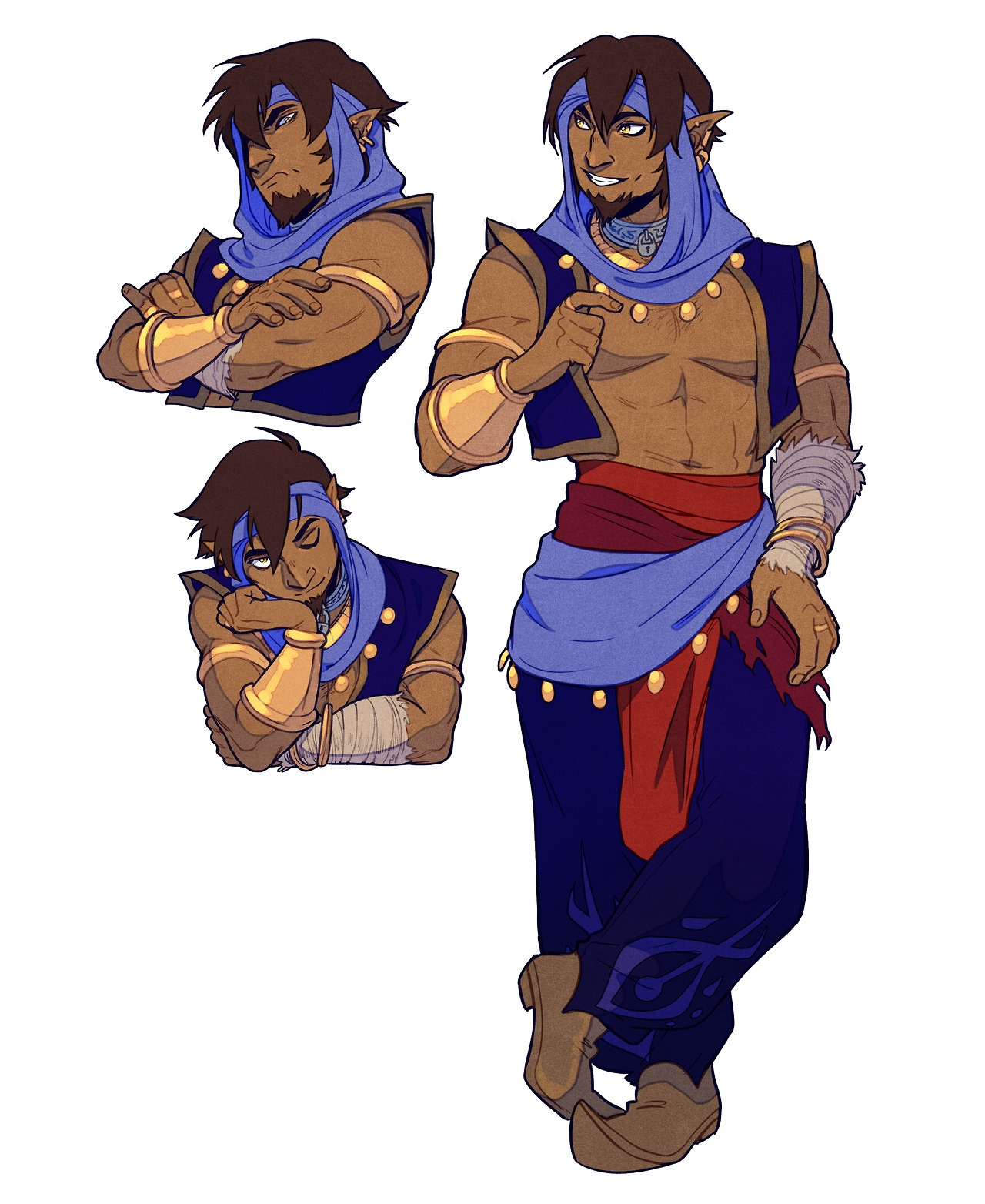 a digital drawing of an adult male character. he has brown skin and brown hair. he has pointed ears. the character has on a blue vest that is open at the chest, with gold trim at the edges and a red sash around his waist. the man is also wearing puffy blue pants, gold armbands, and brown sandals.  he is posed with his arms crossed. on the bottom left, he is partially turned away with his eyes closed. in the top right, he is pointing to his chest while talking.