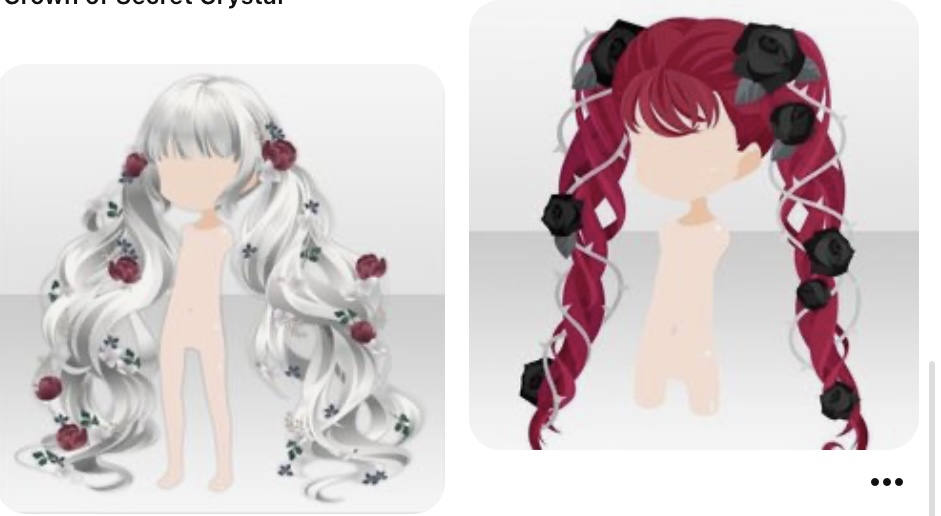 the image shows two variations of long twintail hairstyles commonly seen in anime and digital avatars. the hairstyles are adorned with flowers and thorns. the left hairstyle is white with red and white flowers while the right one is red with black flowers and thorns.
