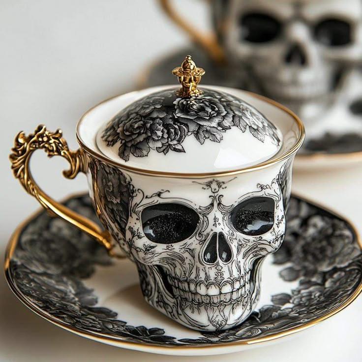 the image shows a decorative tea set featuring a skullshaped teacup with a lid and saucer. the teacup has a skull design in black and white with gold trim. the lid is white with a black floral pattern, and the saucer has a matching floral pattern. another skull teacup and saucer are partially visible in the background. the tea set has a gothic and decorative aesthetic.