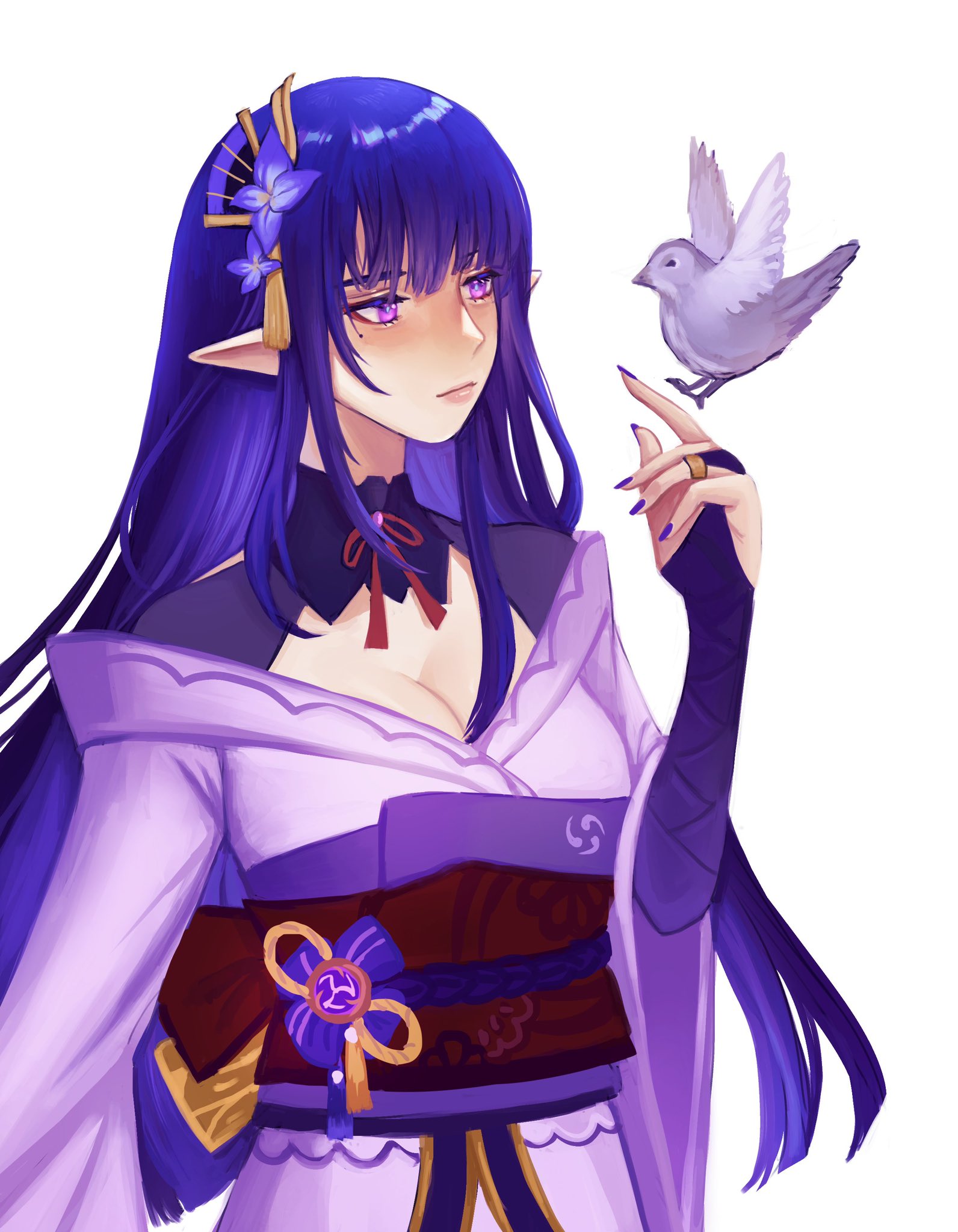 a digital art illustration of an anime girl with long purple hair, wearing a purple and white kimono with flowers in her hair and a bird in her hand. she is looking down at the bird with a soft expression on her face.