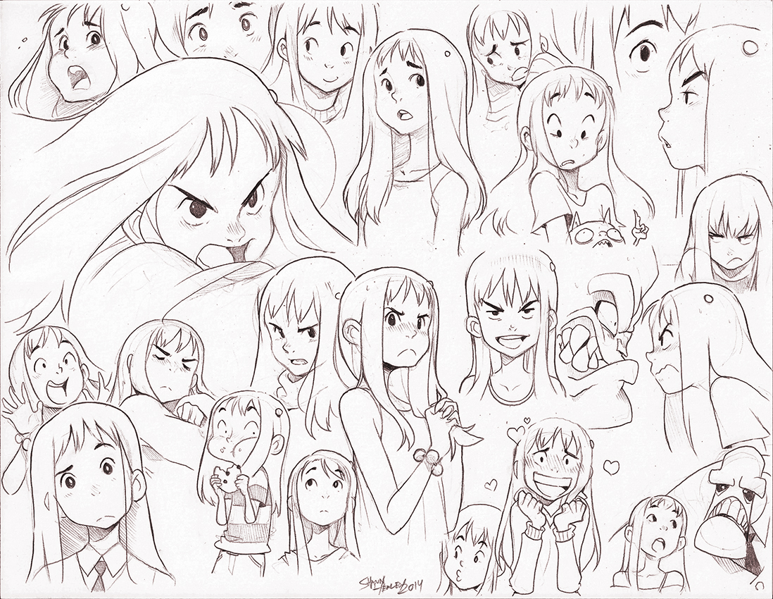 the image is a collection of black and white sketches of a young girl's face with various expressions. it showcases her in different emotional states, from anger and frustration to joy and love, captured through detailed facial expressions and body language. the style is reminiscent of anime or manga, with large eyes, exaggerated features, and dynamic poses.