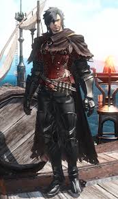 a man stands on a wooden deck, likely of a sailing ship or dock, wearing an elaborate fantasystyle outfit. he has dark hair and is dressed in a red, corsetlike top with a dark, draped cape. his attire includes black pants with armorlike details on the legs, black boots, and gloves. a sword belt with a scabbard is visible at his waist. the background shows elements of a ship, including a mast and rigging, along with a hint of a sea or coastal landscape. there is also a small table with a lit lantern or candle. the overall impression is that of a character from a game or fantasy world, possibly a pirate or roguelike figure.