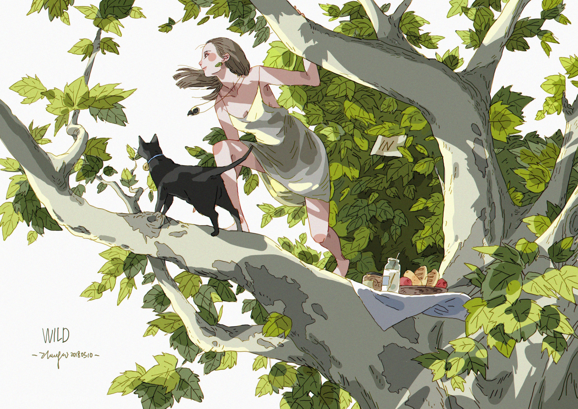 this is a colorful cartoon illustration of a young woman with long brown hair in a white dress, sitting in a tree with a black cat. the woman is smiling and looking up. the tree is green and leafy. there is a basket with food in the tree and a blue glass bottle.  the scene is set outdoors in a sunny and warm environment. the illustration has a whimsical and dreamy quality to it.