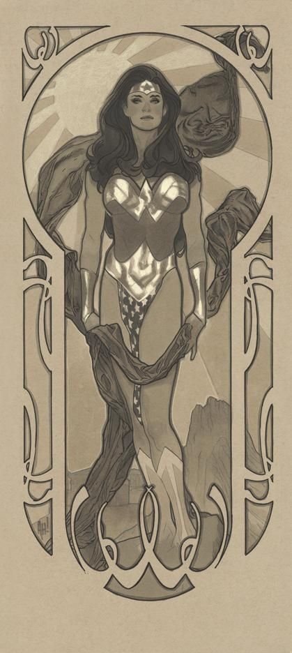 the image is a sepiatoned illustration of wonder woman in an art nouveau style. she stands centrally within a decorative frame, emanating strength and poise. she wears her classic costume, featuring a staradorned bodice and briefs, with a flowing fabric draped around her. the background consists of stylized mountain shapes and radiating light, all within a circular area framed by the geometric art nouveau border.