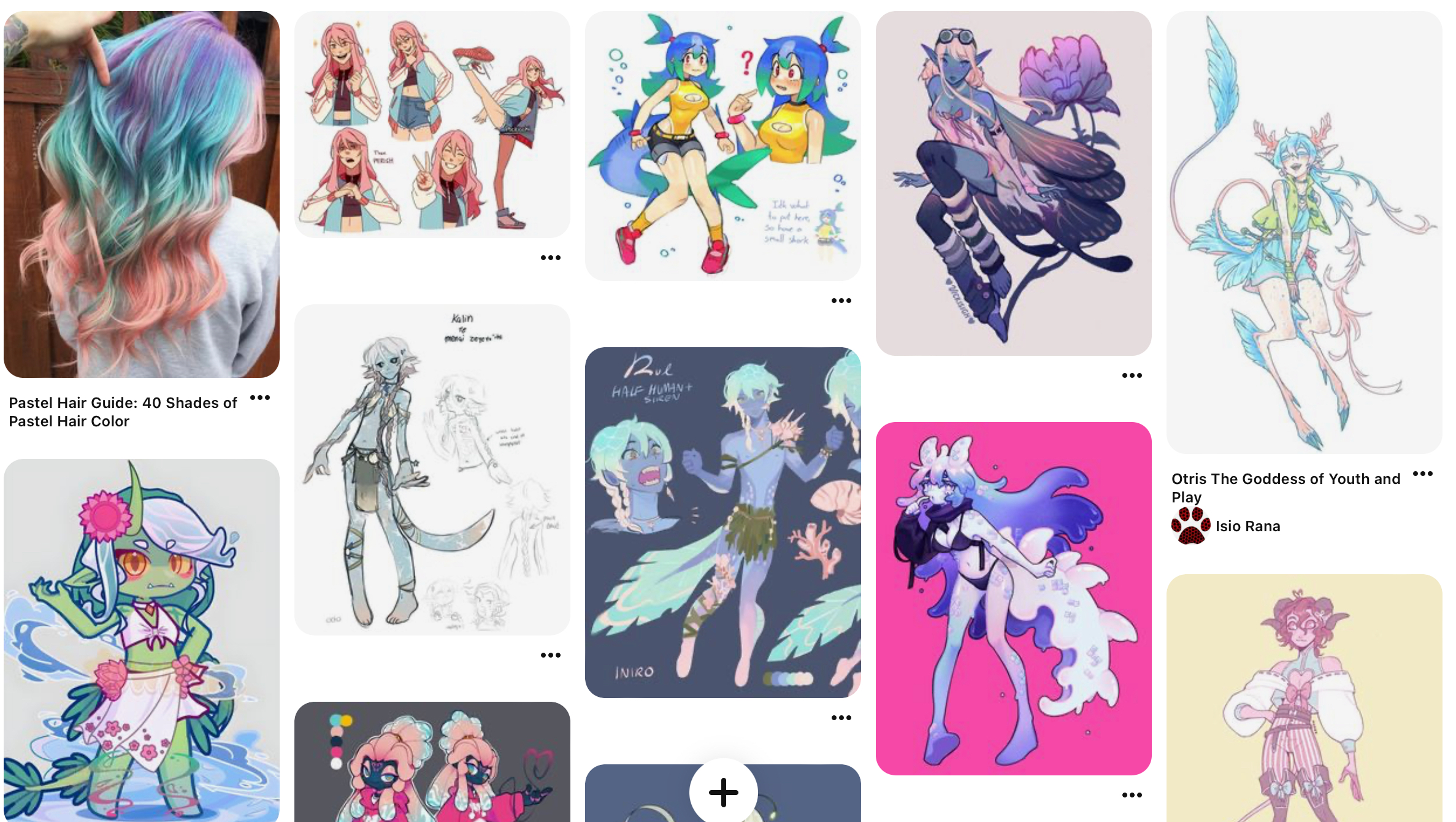 the image is a screenshot of a pinterest board showcasing a collection of digital character designs. the art style leans towards anime and manga, with a focus on pastel colors and whimsical fantasy themes. the characters include mermaids, elves, a goddess, and various other creatures, each with unique features and outfits. the board also includes a pastel hair color guide and individual character concept sheets.