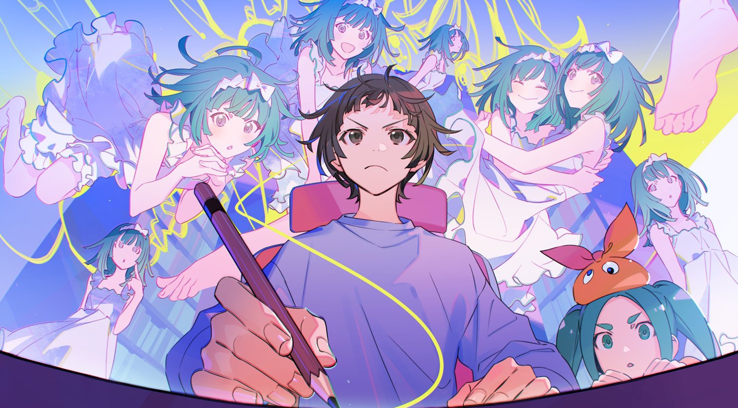 the image is a vibrant digital artwork in an anime style.  it depicts a young male artist, seemingly concentrated on his work, which appears to be a digital painting. he's shown from the chest up, seated at his graphic tablet with a stylus in hand.  surrounding him are multiple iterations of a girl with teal hair, each in various poses and slightly different expressions, all in pastelcolored dresses. the style is dynamic and whimsical, with the surrounding girls seemingly layered on top of each other, creating a sense of depth and movement.  the color palette is predominantly pastels of purple, pink, teal, and yellow.  the overall feeling is one of creative energy and playful fantasy.  one girl in the foreground wears an orange creature hat. the lines flow organically creating an energetic feel.