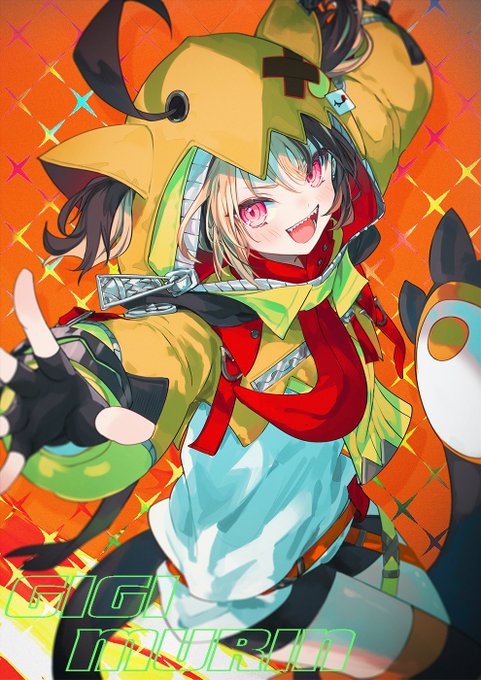 the image showcases a vibrant animestyle girl set against a bright orange background adorned with scattered white stars. she exudes energy, her right hand reaching out towards the viewer and a mischievous grin on her face. her attire is striking – a yellow hoodie with a unique catear design, accented with black and white details, paired with a white shirt and orange shorts. the dynamic pose, coupled with the bold colors, creates a sense of motion and excitement.