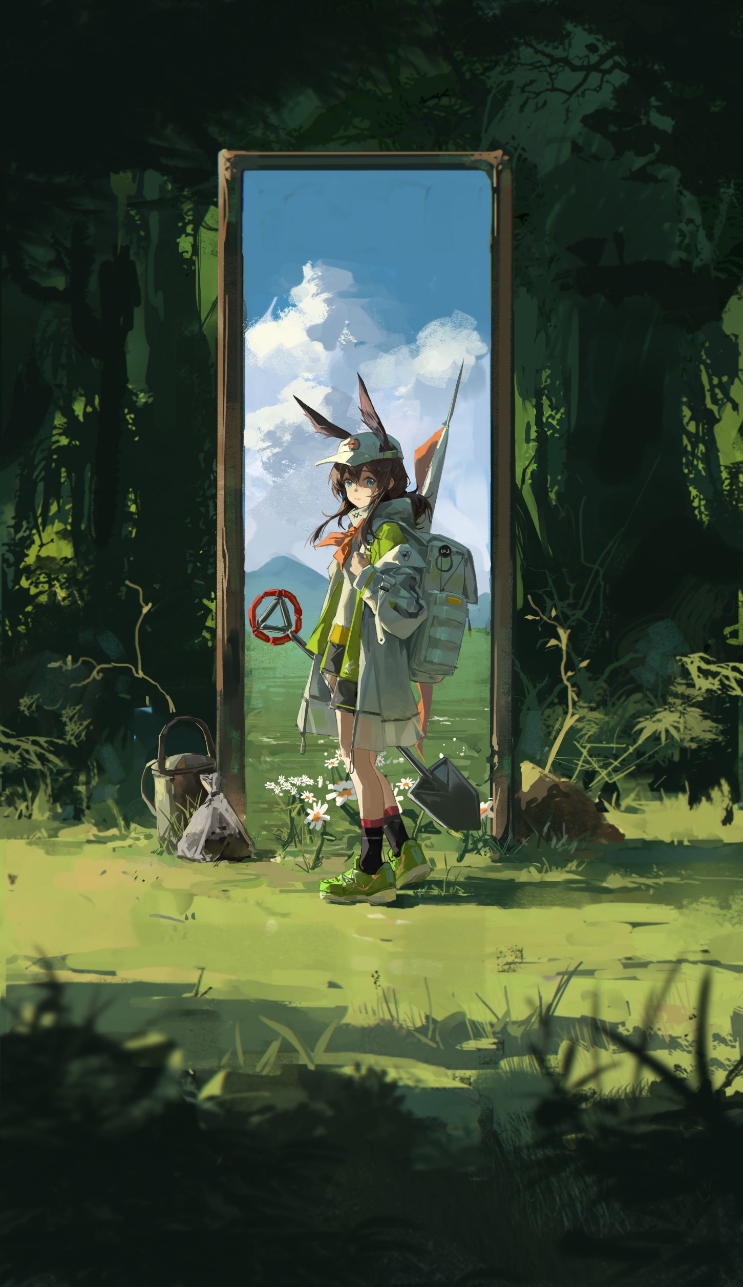 an anime girl with bunny ears stands in a lush green field, framed by a portallike structure leading to a landscape of sky, clouds, and mountains. she wears a backpack, green shoes, and carries a shovel and a warning sign. a bucket and bag sit nearby. the scene is surrounded by a dark forest.