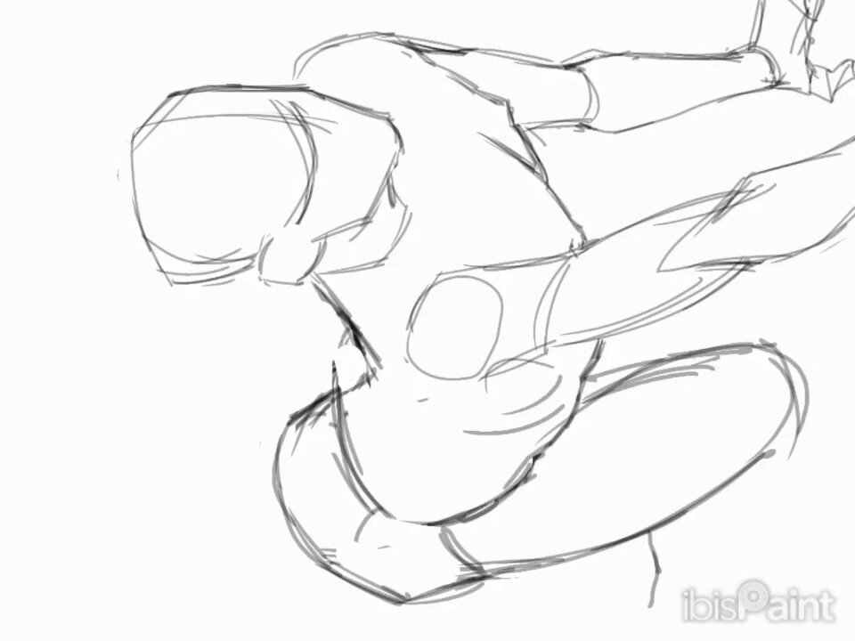 a pencil drawing of a figure in an artistic pose. the sketch is made with pencil and is in black and white, it depicts a person in a crouched position, with one arm raised above their head.