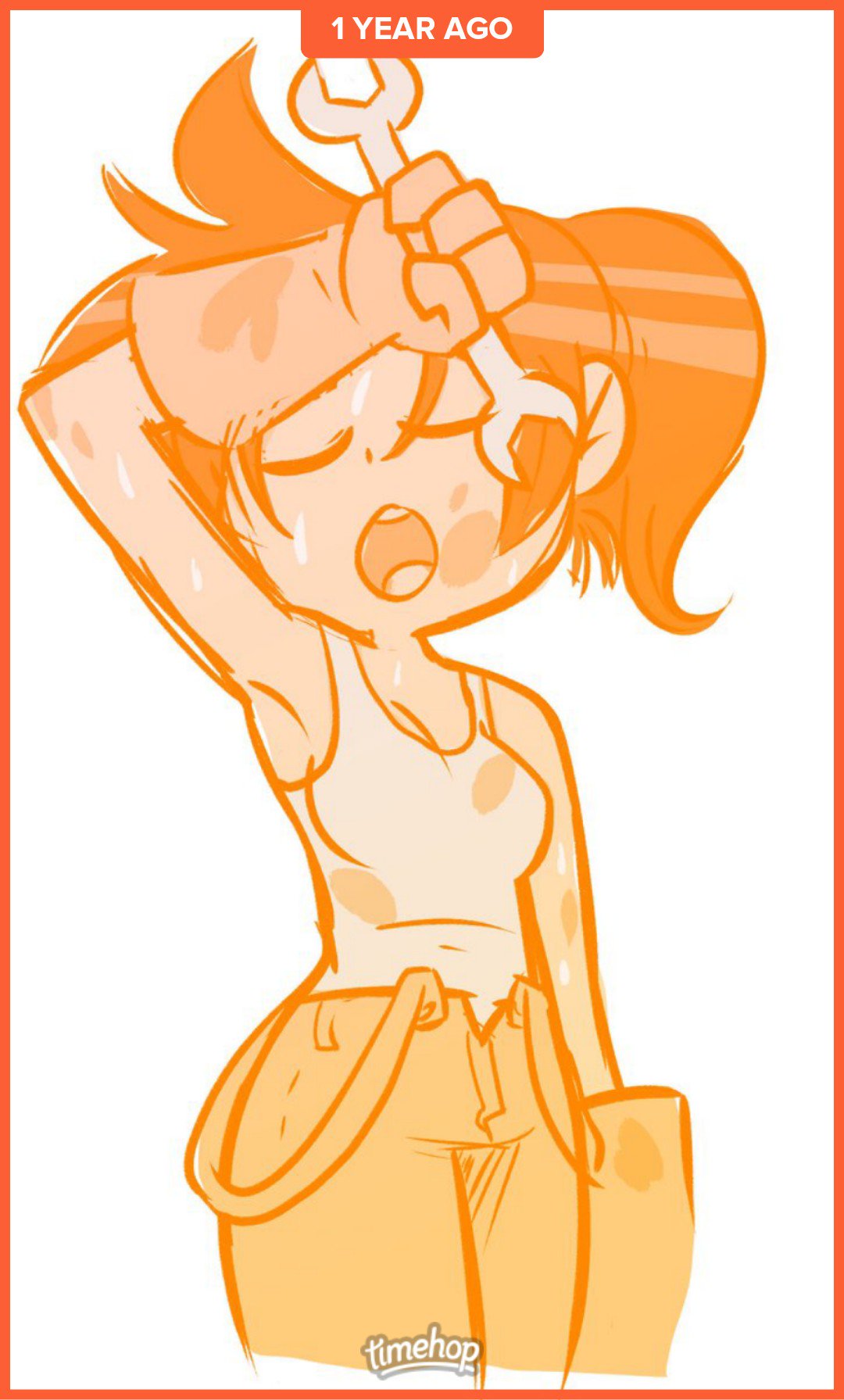 a cartoon girl in an orange and yellow outfit is wiping sweat from her forehead with a wrench. she looks tired but still happy. the text "1 year ago" is shown in the top corner of the image. the background is white.