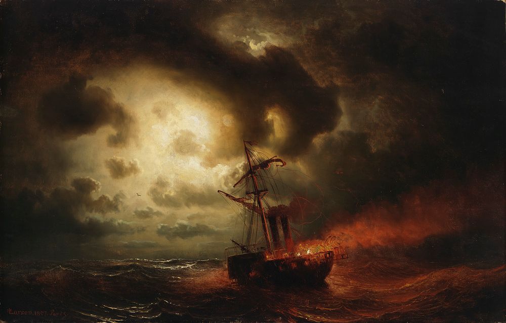 the image is a 19thcentury painting by andreas ludwig jacob lorentzen depicting a ship engulfed in flames on a stormy sea. dark, ominous clouds fill the sky, barely illuminated by a break in the clouds that suggests moonlight. the ship, caught in the turbulent waves, is ablaze, with intense flames and smoke emanating from its structure. the overall atmosphere is dramatic and conveys a sense of impending disaster.