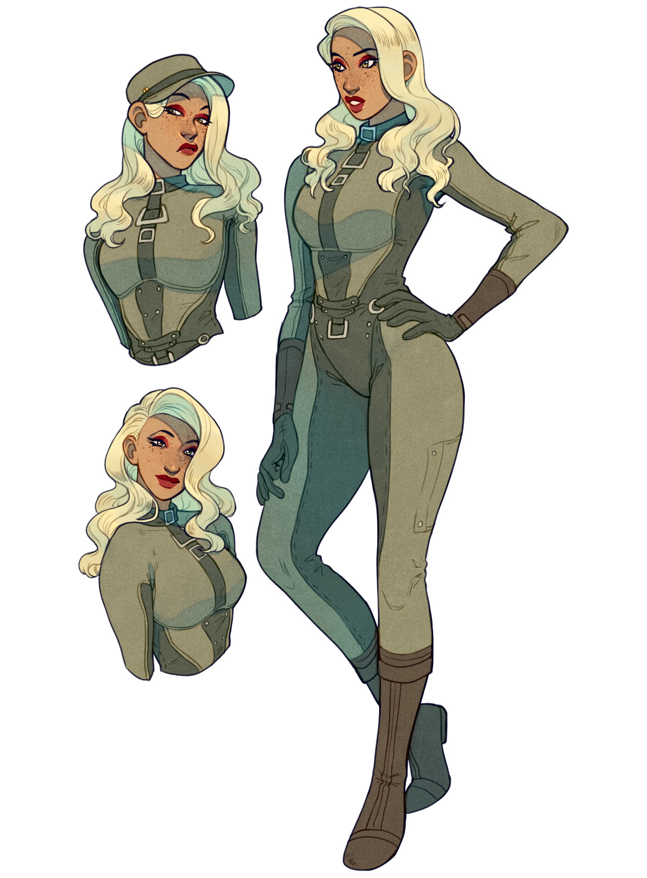 a digital illustration of a female character design on a white background. she has pale skin, blonde hair, and is wearing a green flight suit with black accents. there are three views of the character, one full body, one torso, and one bust.