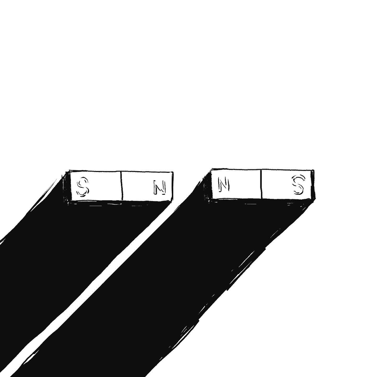 the illustration shows two magnets with their poles facing each other. the poles are labeled "n" and "s" for north and south. the magnets are casting long shadows.