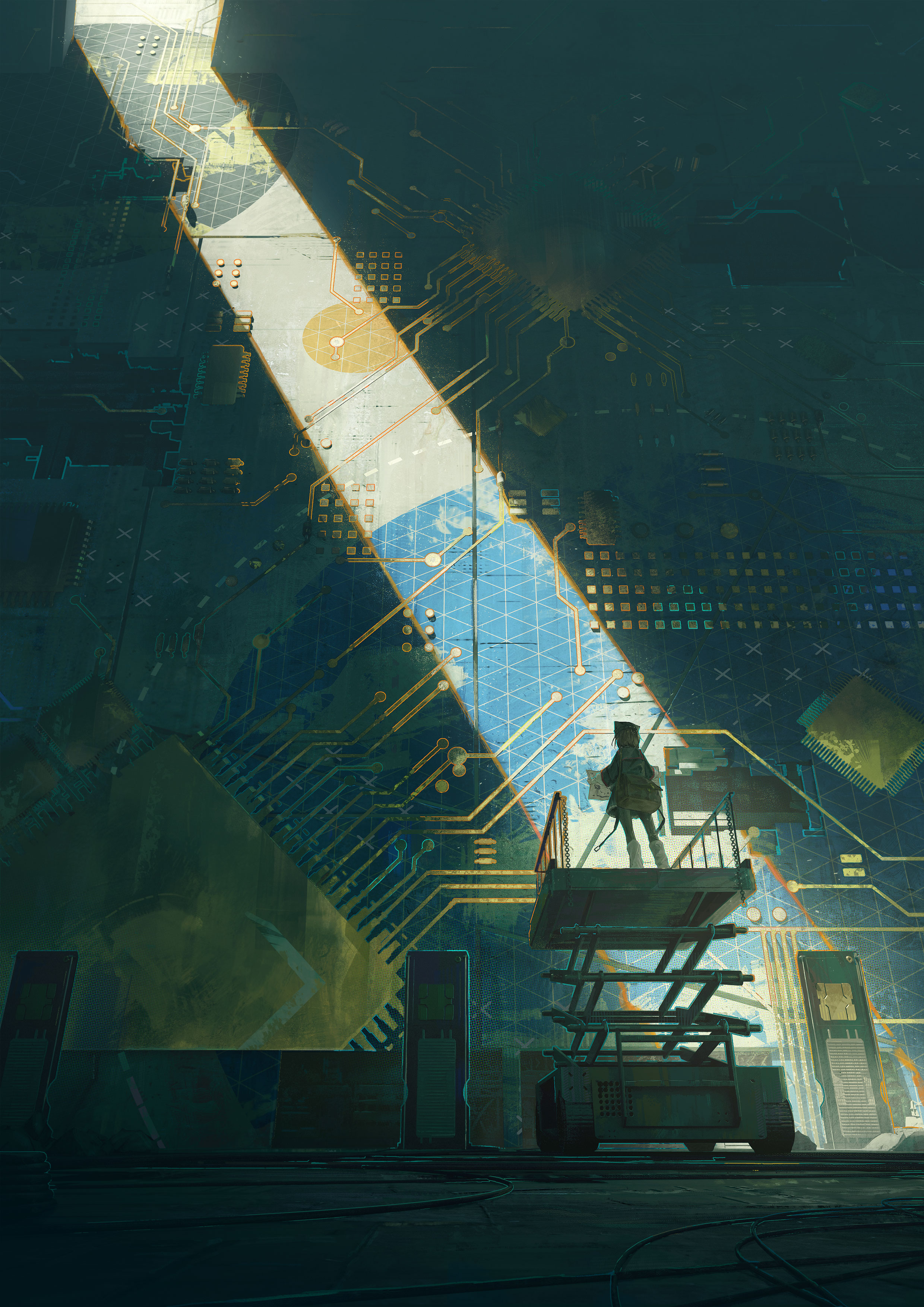 he image is a digital painting or illustration with a strong cyberpunk/scifi aesthetic. it depicts a vast, towering circuit boardlike structure, possibly a section of a futuristic city. a single figure, a person in dark clothing, stands on a small lift or scaffolding, seemingly inspecting or working on the massive circuit board. a dramatic beam of light cuts across the image, highlighting the central portion of the circuit board and the person on the lift. the overall atmosphere is dark, moody, and mysterious, with a sense of scale and isolation. the colors are muted but rich, combining greens, blues, golds, and greys to create a gritty, industrial feel. the style of the artwork is detailed yet painterly, creating a blend of digital precision and artistic expression.