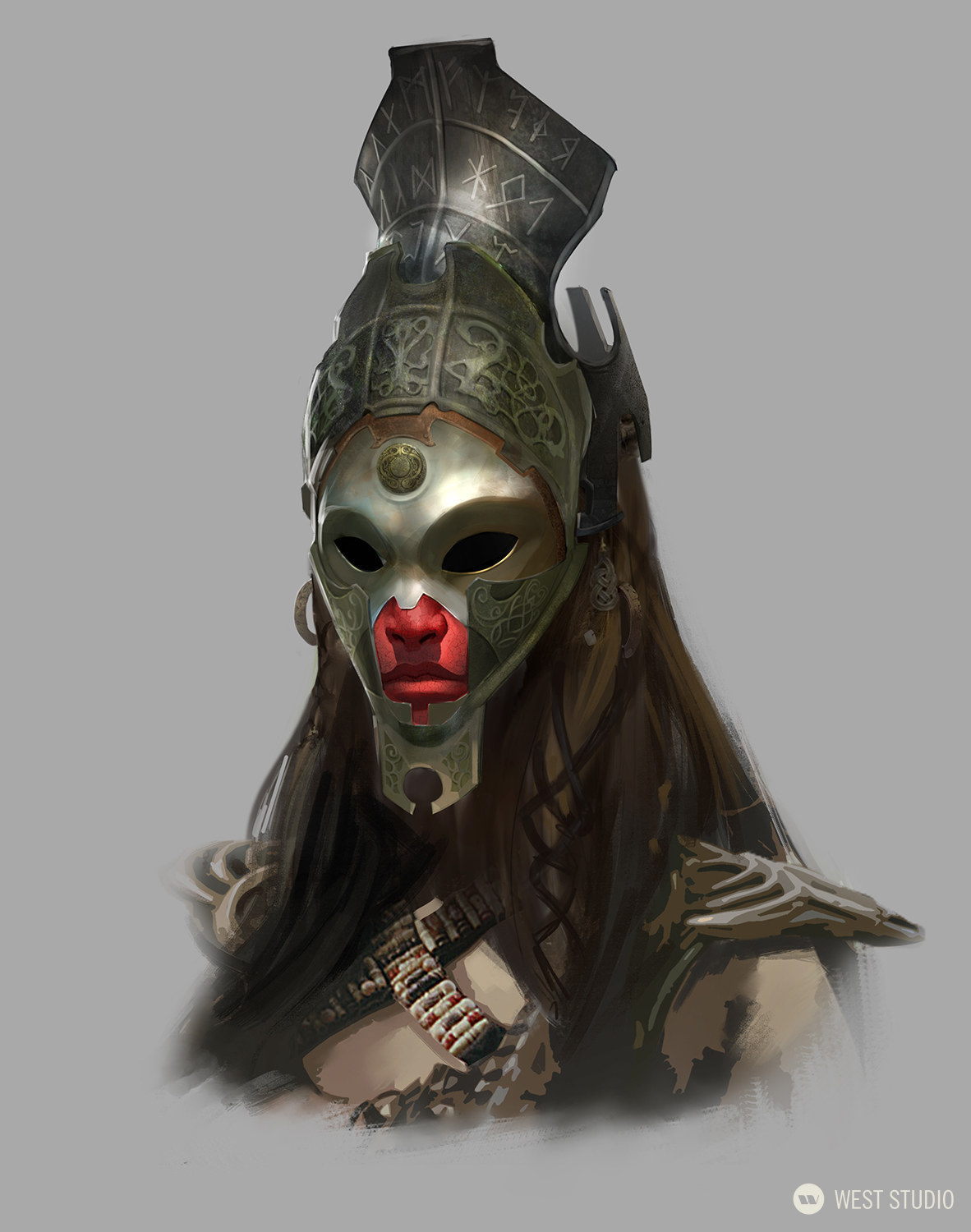 the image showcases a detailed digital painting of a female warrior's head and shoulders. she wears a striking helmet that covers her entire head, with intricate green and gold detailing. the helmet's faceplate is reminiscent of a mask, featuring large, round eye holes and a distinct red marking covering the nose and mouth area. the warrior has long, dark hair that falls over her shoulders, and she wears a simple necklace adorned with beads. the background is a muted grey, drawing attention to the warrior and her impressive headwear.
