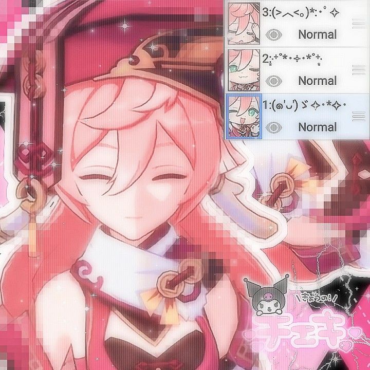 this is a digital drawing of an anime girl in pink and red clothing with her eyes closed. the image is styled with a pixelated effect and features a lot of pink and glittery elements. the image also features a black and white kitty with a pink bow on her head.