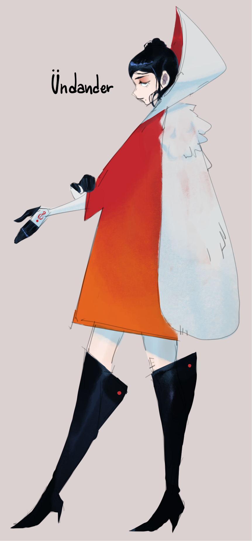 a drawing of a woman in a red dress and black boots. she is wearing a white cloak and her expression is stoic. her long hair is black and she is drawn in an anime style.  the drawing is done on a white background.