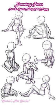 this image shows 7 different poses for a sitting character in a calm and happy pose.  these poses are drawn as stick figures with outlines of the body.  these would be useful for an artist as a reference for their own artwork. the drawing is in black and white and has a "starla's art studio" watermark at the bottom.
