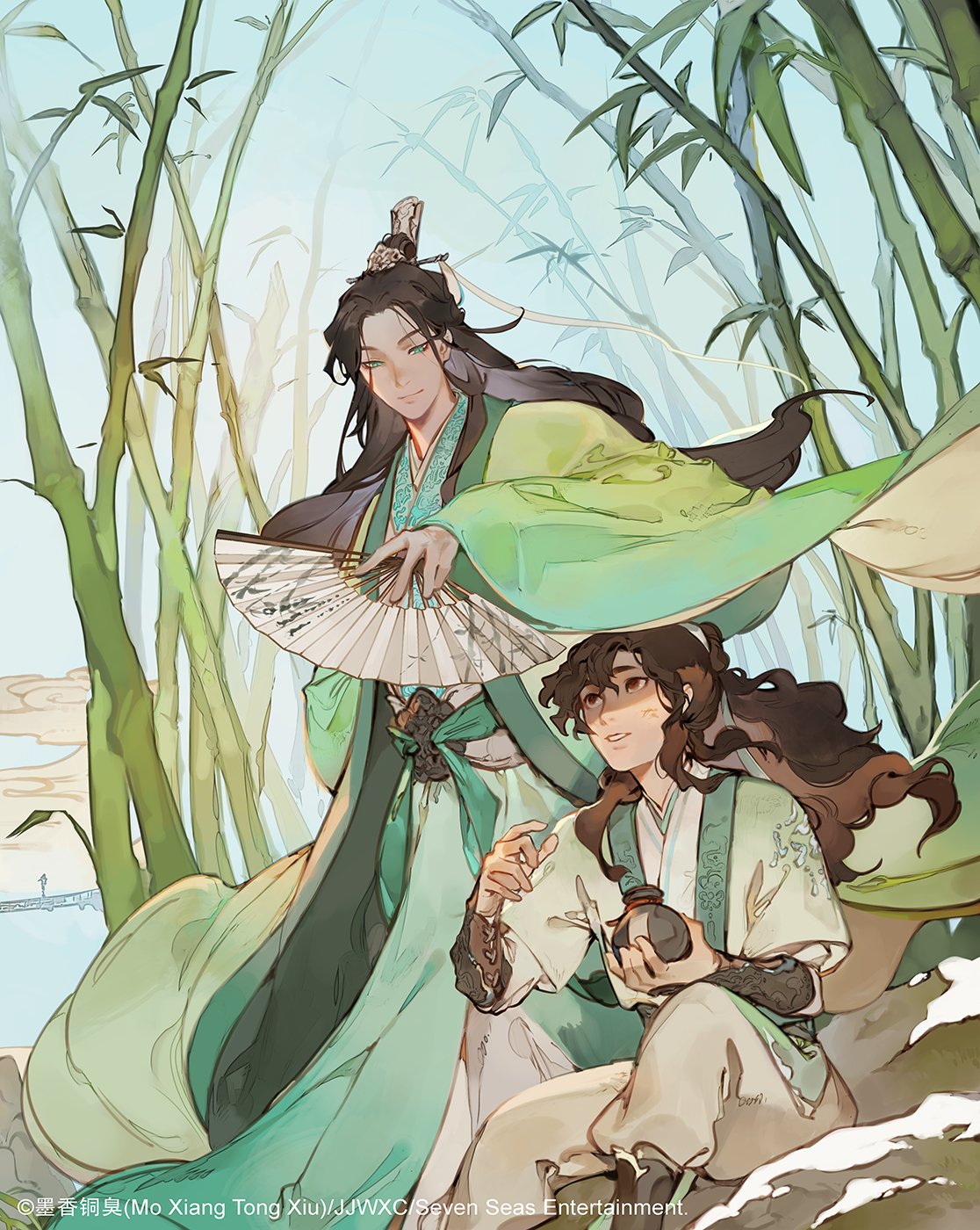illustration of two men in chinese clothing standing in a bamboo forest. the man in the background is holding a fan, while the man in the foreground is holding a jar. the copyright information at the bottom indicates that the image is related to mo xiang tong xiu and seven seas entertainment.