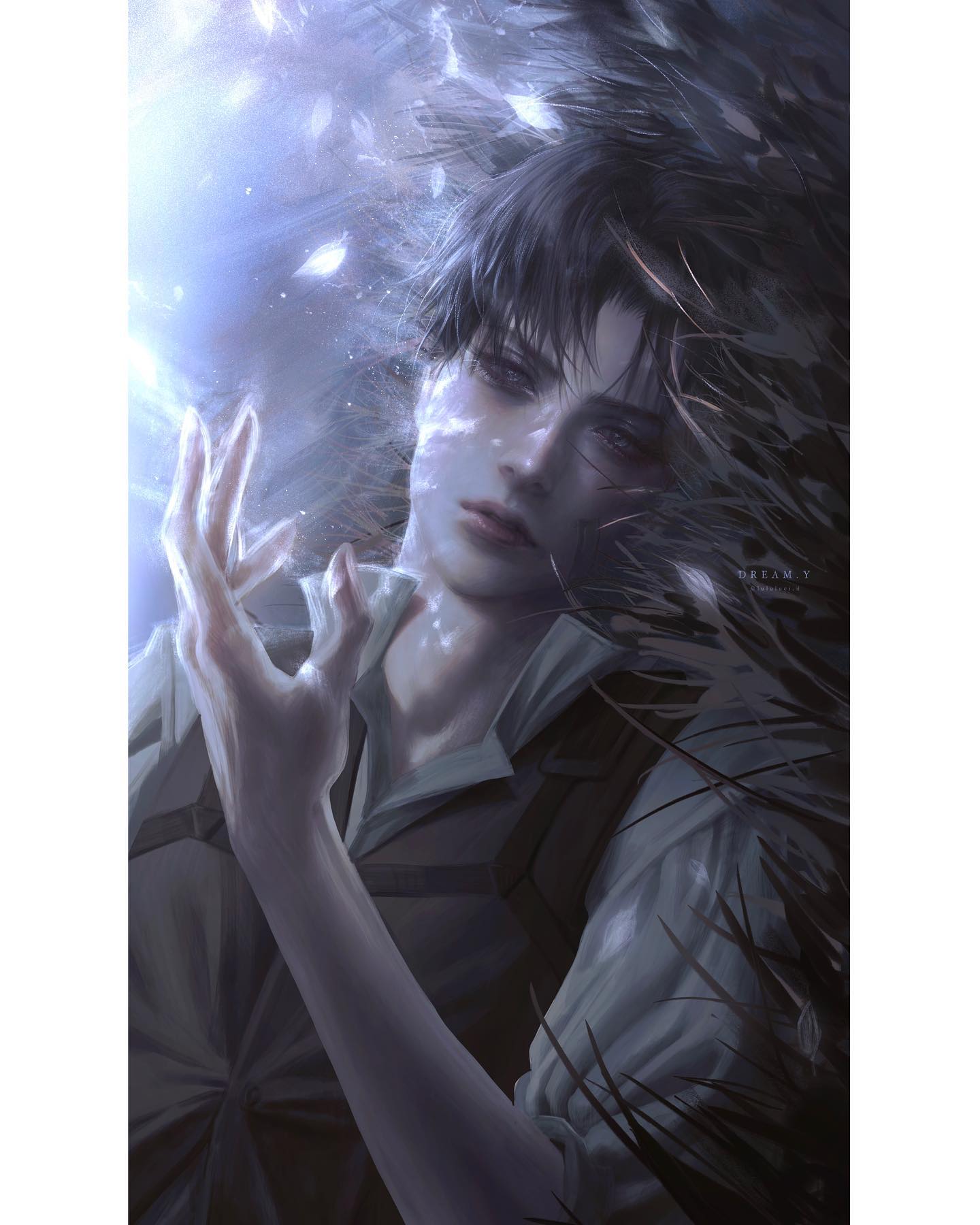 a digital artwork featuring a young man with dark hair and a melancholic expression.  he's depicted from the chest up, reaching towards a luminous orb of white light that appears to be dissolving into feathers.  his attire suggests a military or formal style, and he's partially obscured by dark, shadowy feathers that dominate the background. the overall color palette is cool and muted, contributing to the artwork's ethereal and somber mood.