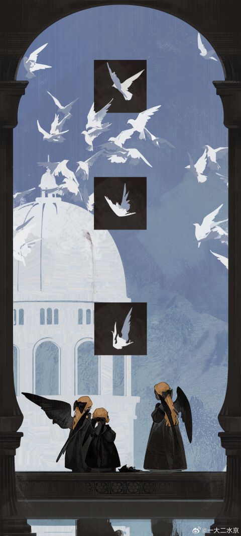 he artwork depicts a fantasy scene with a serene and melancholic atmosphere. three angelic figures in black robes are positioned on a balustrade, looking towards a distant, domed building. the background features a pale blue sky filled with numerous white birds, doves, or pigeons in flight.  four rectangular insets throughout the image show the birds in varying poses, providing visual emphasis.  the setting suggests a gothic or classical style of architecture.  the overall mood is contemplative and spiritual. the style is painterly, with soft shading and a dreamlike quality.