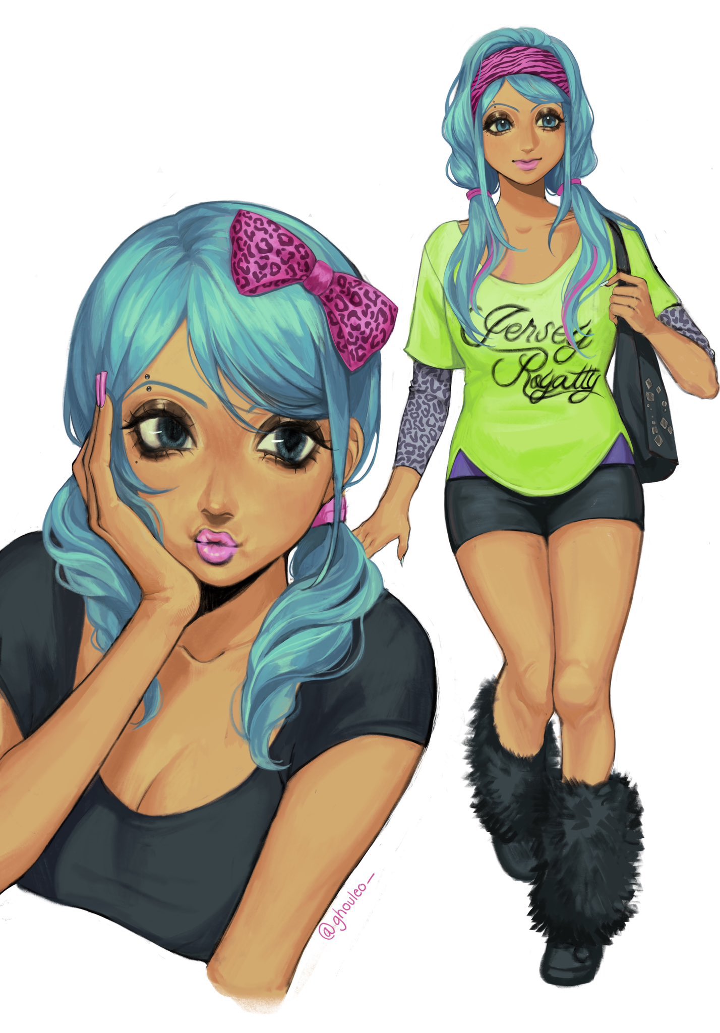 the image shows two versions of a young anime woman with blue hair.  the woman on the left has her hair styled in two pigtails, and is wearing a black shirt.  the woman on the right has her hair down and is wearing a green shirt with "jersey royalty" written on it. both women are wearing furry boots.  the image is drawn in a digital art style.