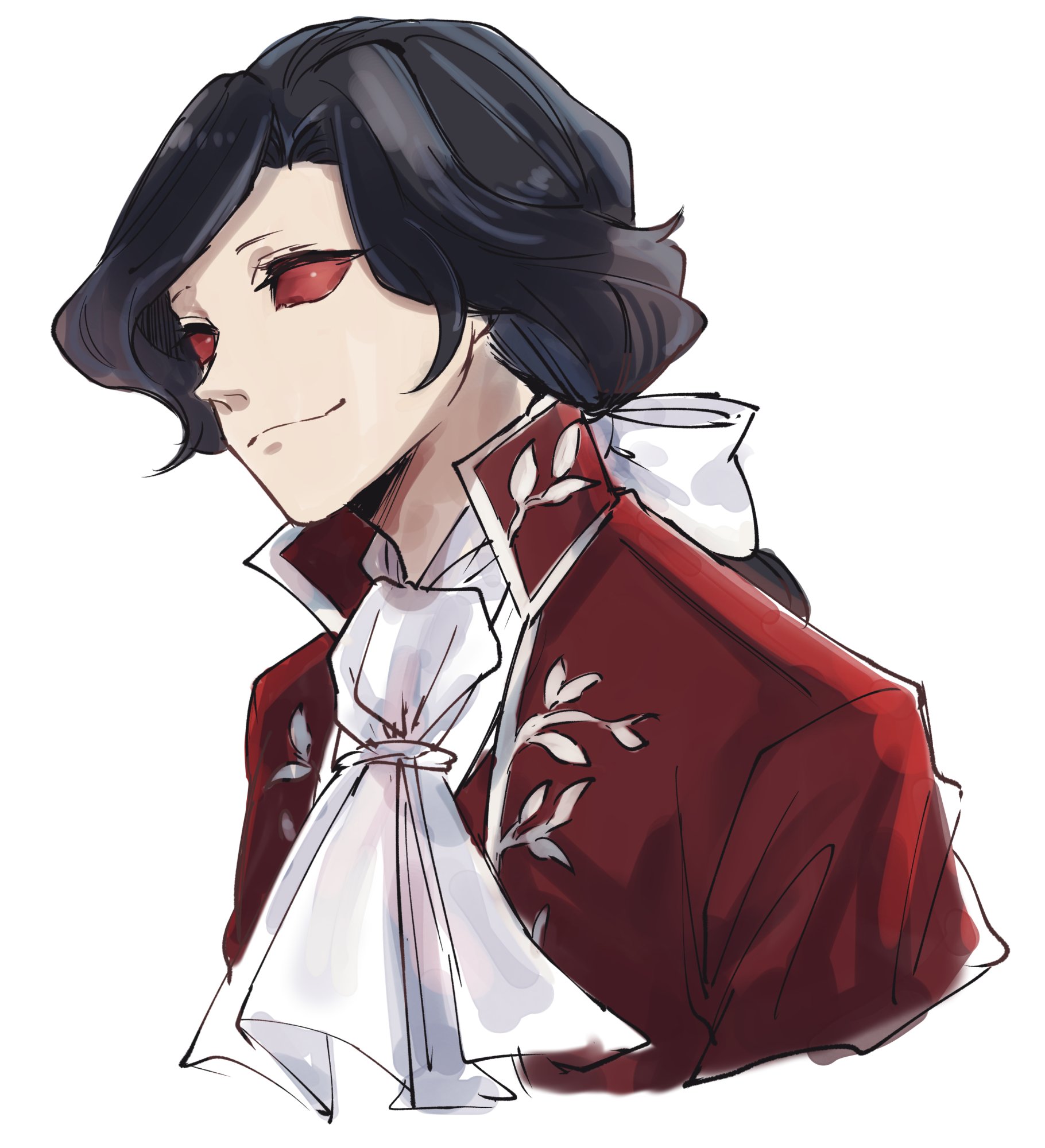 this is a digital art illustration of a man with black hair, red eyes, and a white collar with a red suit jacket. the man is smiling gently. he is drawn in an anime style. the background is white.