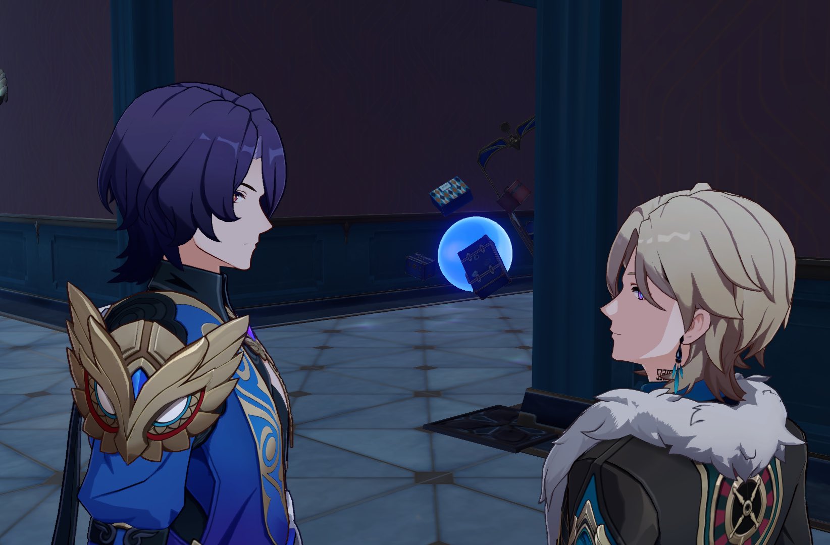 screenshot from the video game genshin impact shows two characters, scaramouche (wanderer) and raiden shogun, in a dialogue.  scaramouche is on the left, facing away, and raiden shogun is on the right, in profile view.  they are standing in what appears to be a hallway within a grand building. several floating objects, including chests and what looks like weapons, are visible between them, surrounded by a blue glowing orb. both characters are elaborately dressed in attire characteristic of genshin impact's style. the overall color scheme is dark and moody.
