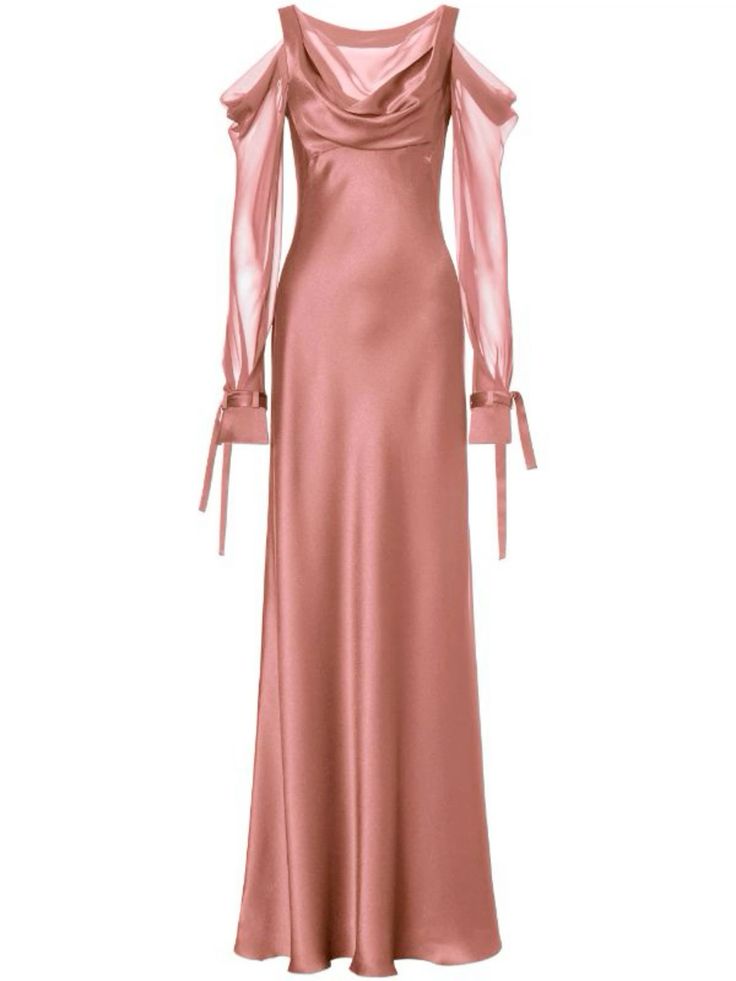 a fulllength image of a pink satin dress with a cowl neck and long, sheer chiffon sleeves. the sleeves are offshoulder and have tie details at the cuffs. the dress is formal and elegant, suitable for evening wear.