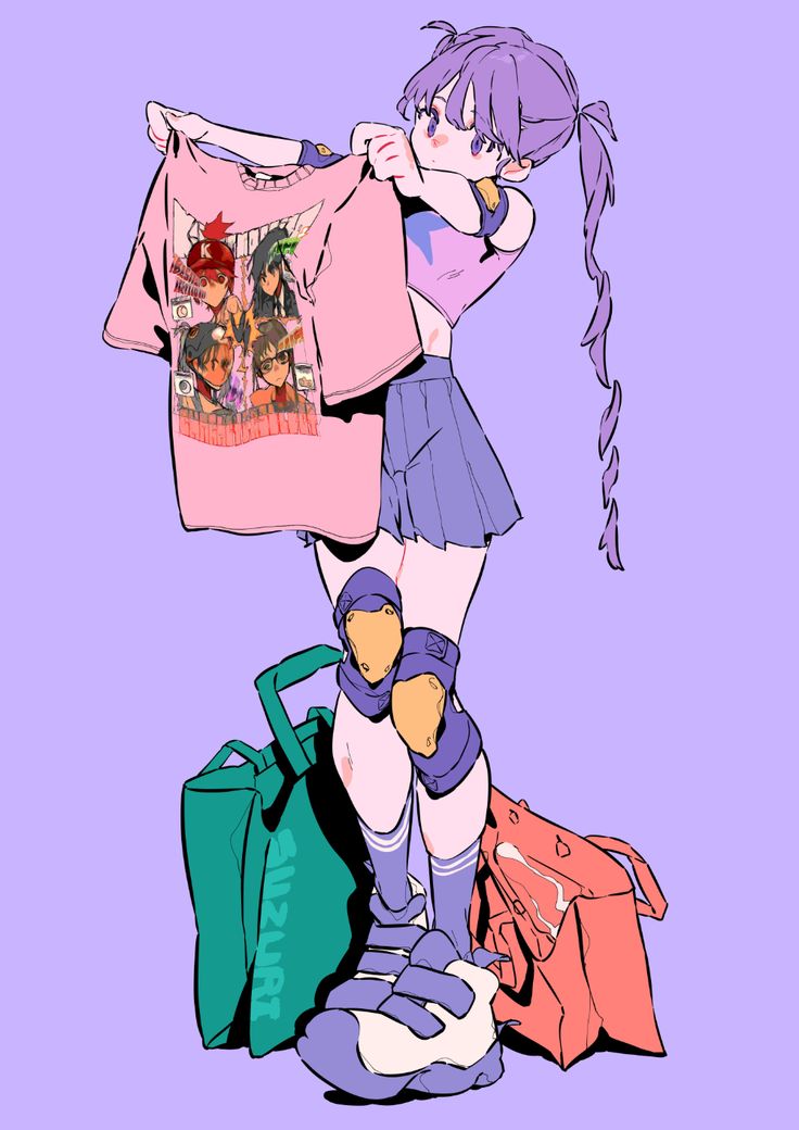 the image is of a cute anime girl with purple hair and a ponytail. she is wearing a pink shirt with a group of anime characters on it. the girl is also wearing a purple skirt, knee pads, and white shoes. she is carrying a green bag and a red bag.  she is smiling and looking at the viewer. the image is drawn in a digital style with vibrant colors and a lot of detail.