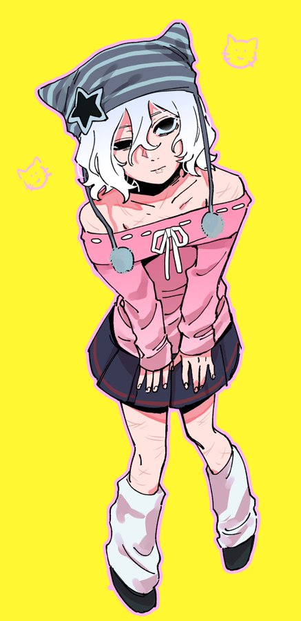he image is a digital drawing of an animestyle girl. she has white hair, pale skin, and is wearing a pink offshoulder sweater, a black pleated skirt, white socks, and a striped beanie with cat ears and a star. the background is yellow. the style is reminiscent of manga and is slightly edgy with the addition of visible scars on her legs.  the overall aesthetic is cute but with a slightly darker undertone. small cat face illustrations are visible in the background.